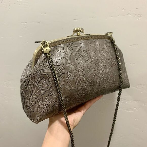 Handsewn Genuine Leather Floral Embossed Double Kiss-lock Clutch/Shoulder Bag - Picture 3 of 14